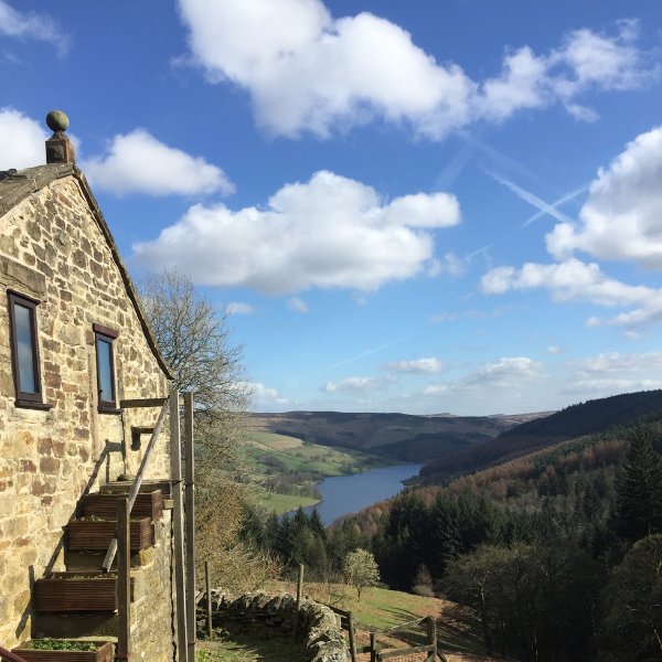 Beautiful view from Lockerbrook with blue sky, trees and reservoir.